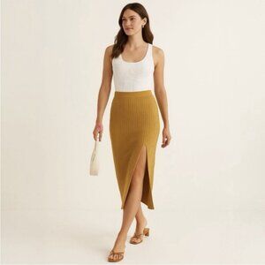 Aritzia Wilfred Zeta Ribbed Knit Slit Midi Skirt Golden Mustard